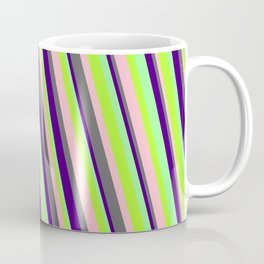 [ Thumbnail: Light Green, Pink, Dim Grey, Indigo & Green Colored Pattern of Stripes Coffee Mug ]
