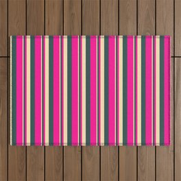 [ Thumbnail: Beige, Dark Slate Gray, and Deep Pink Colored Stripes/Lines Pattern Outdoor Rug ]