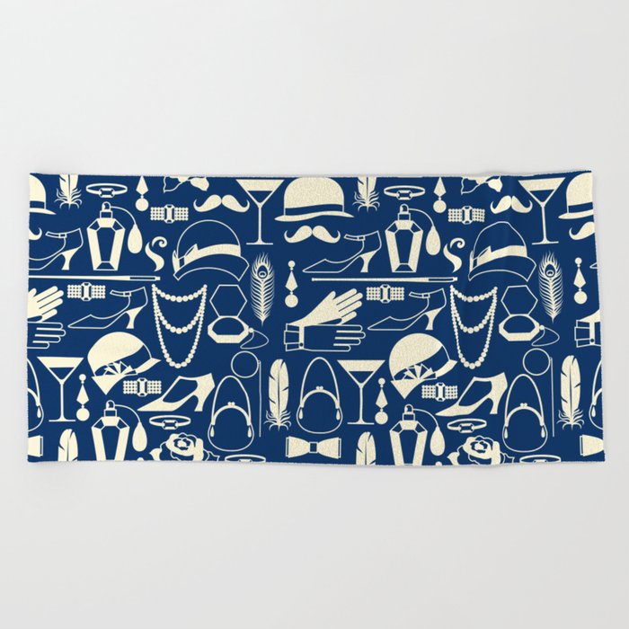 White Fashion 1920s Vintage Pattern on Dark Navy Blue Beach Towel