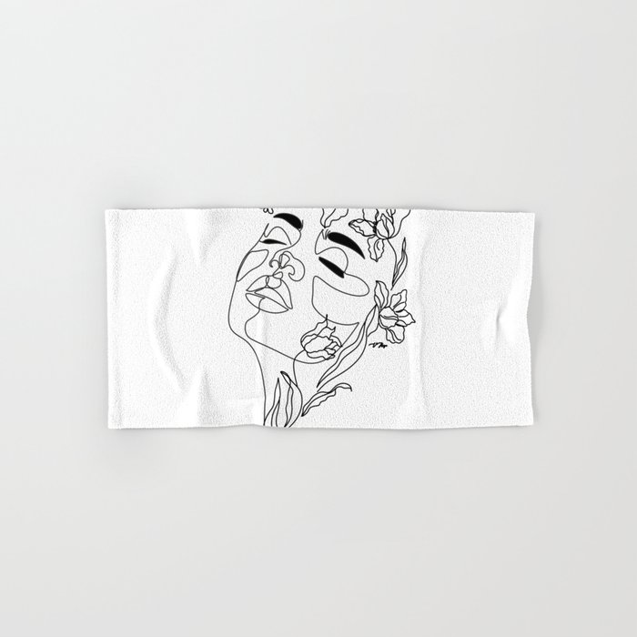 Minimal Woman Face line art. Head of Flowers Art Print Flower Woman Line Art Hand & Bath Towel