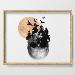 Skull with red moon black birds and tree Serving Tray