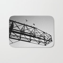 Crane metallic structure and birds silhouettes | Industrial style photography Bath Mat | Construction, Modern, Birds, Crane, Cormorants, Platform, Black And White, Industrial, Structure, Port 