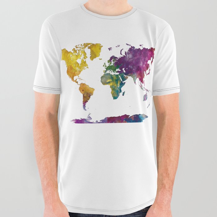 Watercolor World Map All Over Graphic Tee