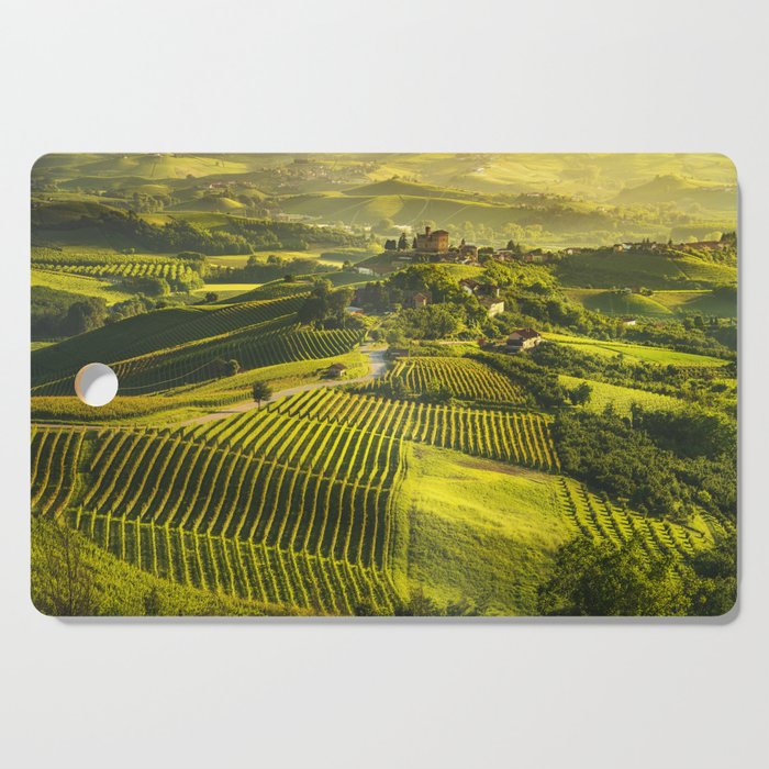 Panorama of Langhe vineyards and Grinzane Cavour. Italy Cutting Board