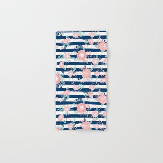 Florals bouquet navy stripe modern classic pattern print nautical preppy chic kids children college Hand & Bath Towel