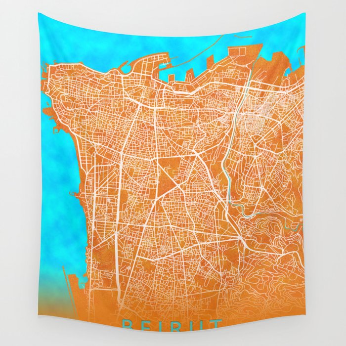 Beirut, Lebanon, Gold, Blue, City, Map Wall Tapestry by City Map Art 