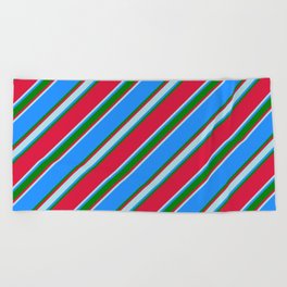 [ Thumbnail: Crimson, Powder Blue, Blue & Green Colored Pattern of Stripes Beach Towel ]