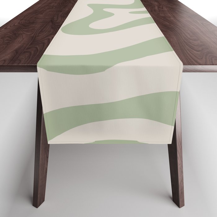 Liquid Swirl Modern Abstract Pattern in Beige and Sage Green Table Runner