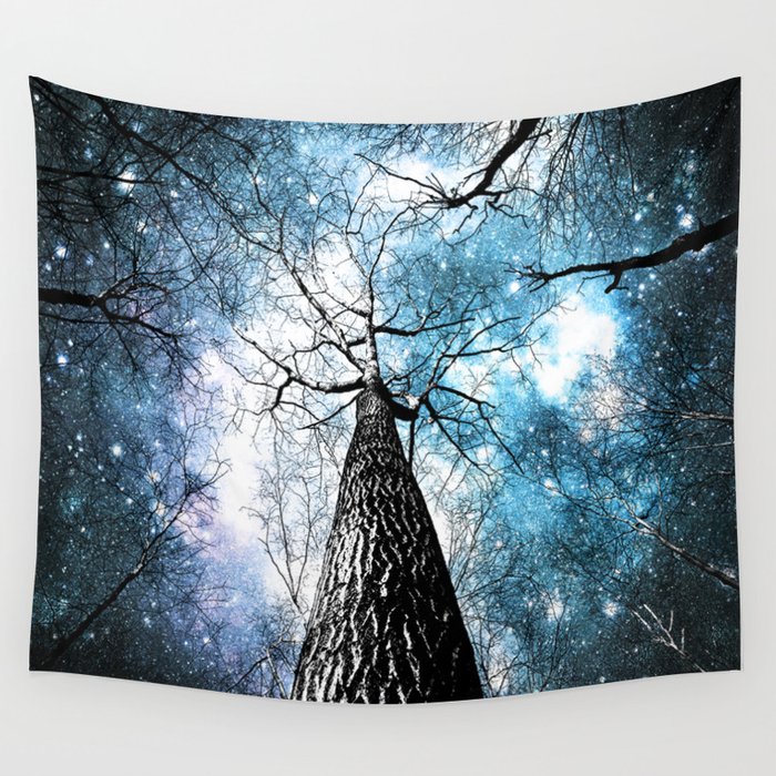 Wintry Trees Galaxy Skies Steel Teal Blue Wall Tapestry