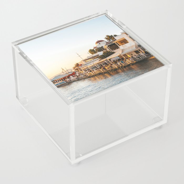 Sunset over Greek Tavern on the Seaside | Sunset Travel Photography on Mykonos, Greece | Summer Vibes Acrylic Box