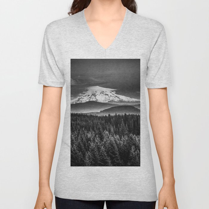Mt Hood Black and White Mountain V Neck T Shirt
