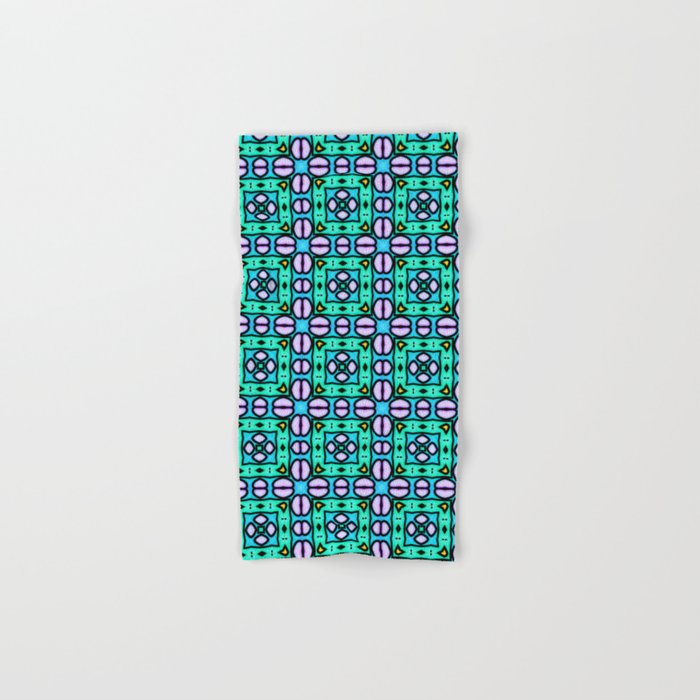 Modern abstract geometrical pattern in lavender, black, yellow, purple, turquoise blue, light green, turquoise Hand & Bath Towel