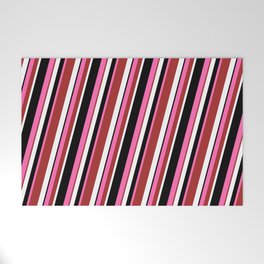 [ Thumbnail: Hot Pink, Brown, White & Black Colored Lined/Striped Pattern Welcome Mat ]