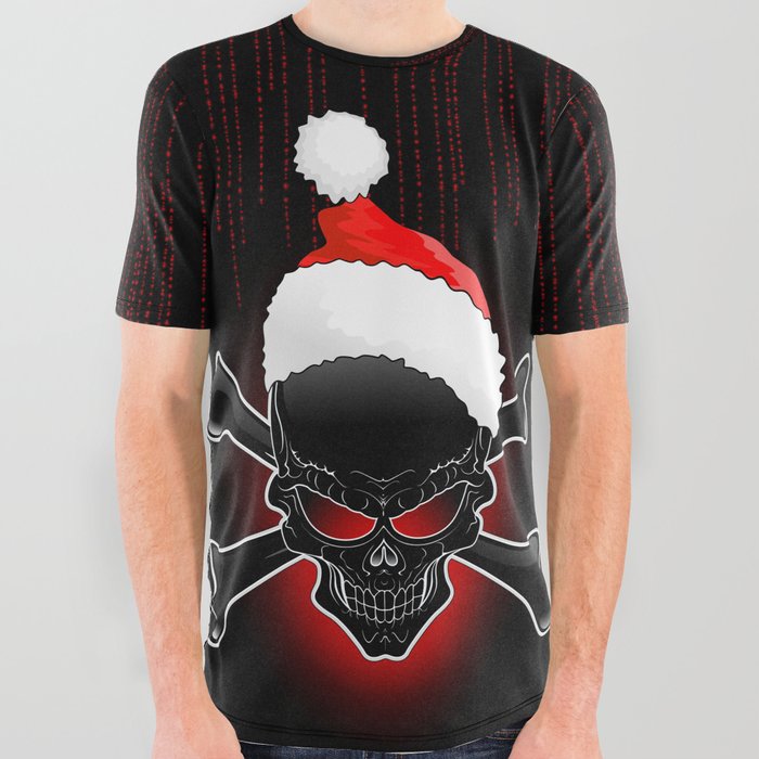 Christmas Santa Black Skull All Over Graphic Tee