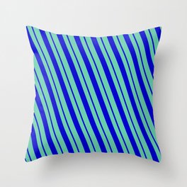 [ Thumbnail: Aquamarine and Blue Colored Pattern of Stripes Throw Pillow ]