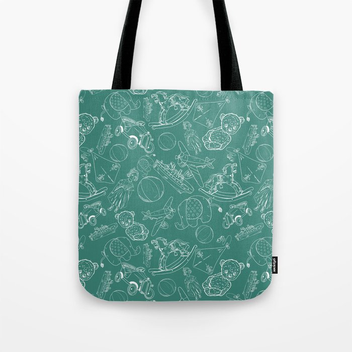 Green Blue and White Toys Outline Pattern Tote Bag
