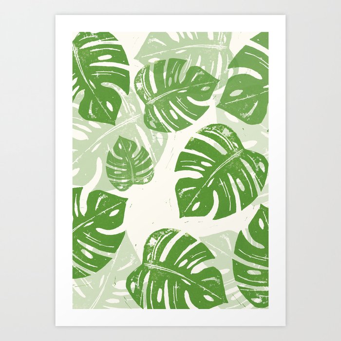Linocut Monstera Leaf Pattern Art Print