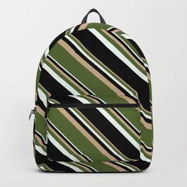 [ Thumbnail: Tan, Dark Olive Green, Mint Cream & Black Colored Stripes Pattern Backpack ]