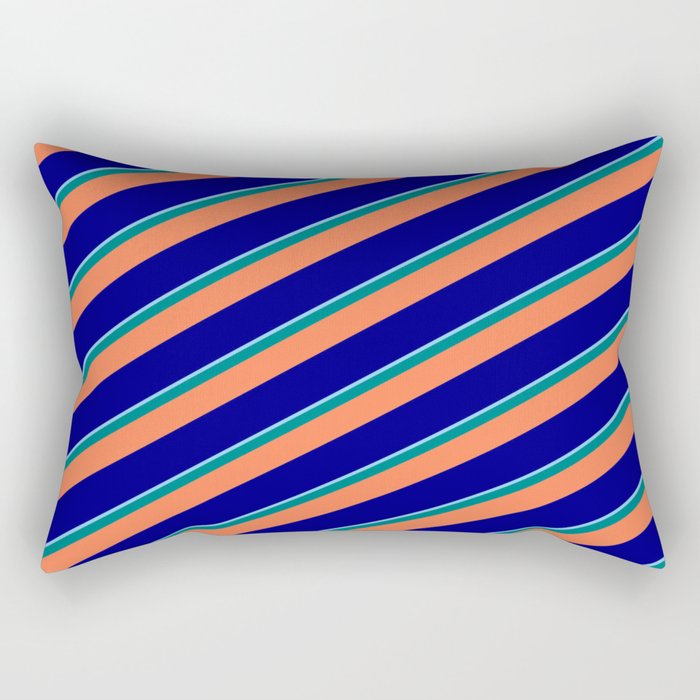 Light Sky Blue, Teal, Coral, and Blue Colored Stripes Pattern Rectangular Pillow