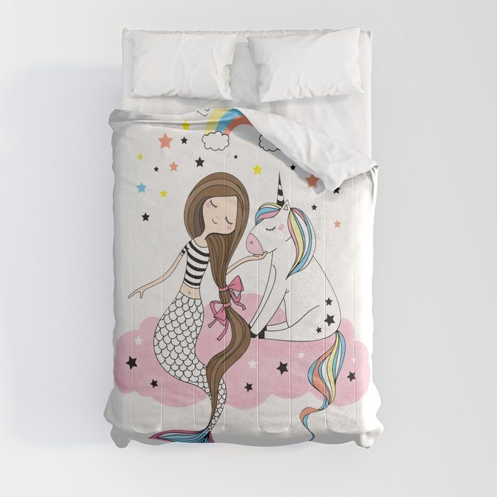 Mermaid & Unicorn White background Comforter
