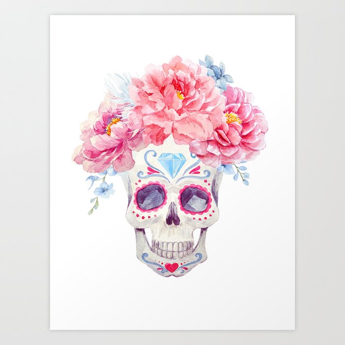Mexican Skull Bone Candy Calavera Flower Crown Diamond Third Eye Flowers Watercolor Painting Art Print