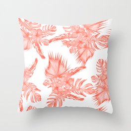 Tropical Palm Leaves Hibiscus Flowers Deep Coral Throw Pillow