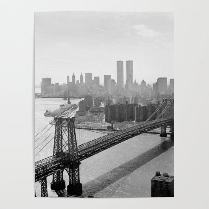 Williamsburg Bridge, East River at South Sixth St. & Twin Towers, New York City skyline photograph Poster