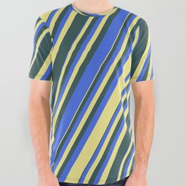 [ Thumbnail: Dark Slate Gray, Royal Blue, and Tan Colored Lined/Striped Pattern All Over Graphic Tee ]