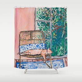 Napping Ginger Cat in Pink Jungle Garden Room Shower Curtain