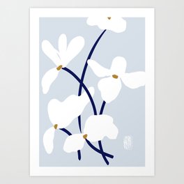 Solid Panel Floral Artwork, Oriental Style, Dove Blue Art Print