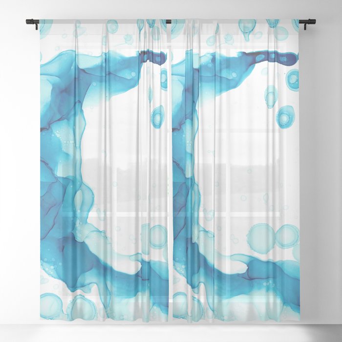 Blue Fluid Art Abstract 4422 Modern Alcohol Ink Painting by Herzart Sheer Curtain