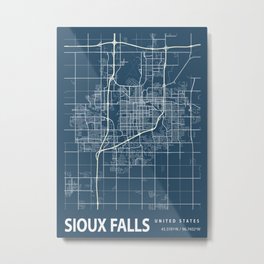 Sioux Falls Blueprint Street Map, Sioux Falls Colour Map Prints Metal Print
