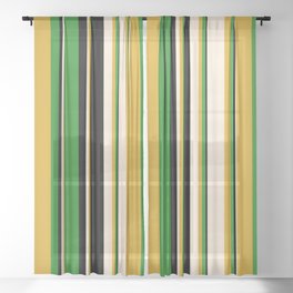 [ Thumbnail: Goldenrod, Beige, Black & Forest Green Colored Striped Pattern Sheer Curtain ]