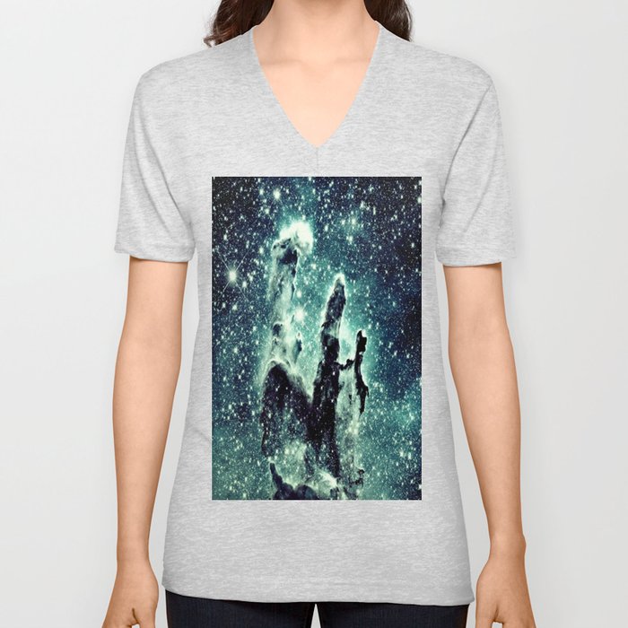 Nebula Galaxy : Teal Pillars of Creation V Neck T Shirt