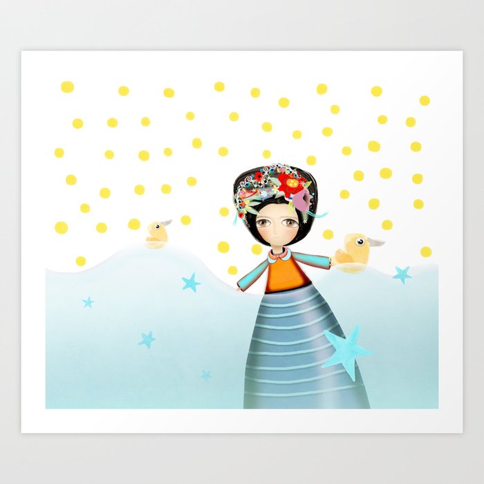 Frida and Ducks Yellow Polka Dots Art Print