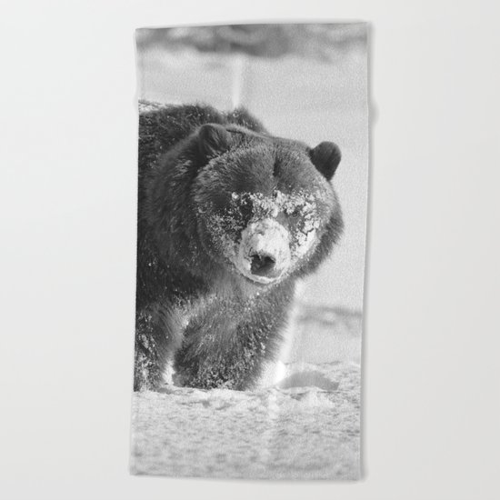 Alaskan Grizzly Bear in Snow, B & W - 3 Beach Towel