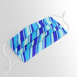 [ Thumbnail: Turquoise, Blue, and Deep Sky Blue Colored Pattern of Stripes Face Mask ]