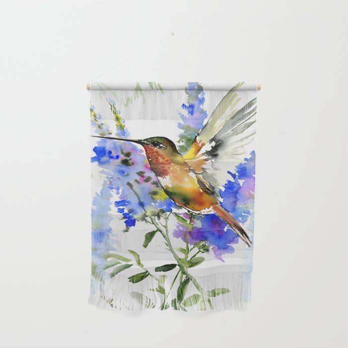 Alen's Hummingbird and Blue Flowers, floral bird design birds, watercolor floral bird art Wall Hanging