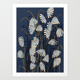 Linocut flower meadow blue Art Print
