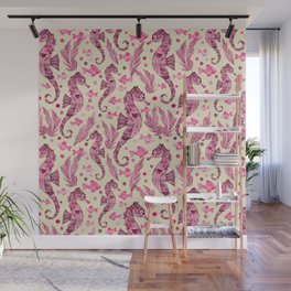 Watercolor Seahorse Pattern - Pink and Cream Wall Mural