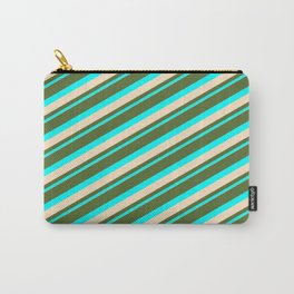 [ Thumbnail: Dark Olive Green, Cyan & Bisque Colored Lined Pattern Carry-All Pouch ]