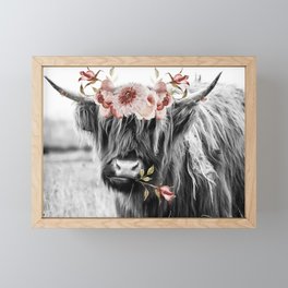 Highland Cow Landscape with Flowers Framed Mini Art Print
