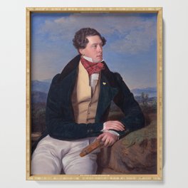 Portrait of a young man with high fashion pieces, book, and lgbt pin (Gerold x Waldmueller) Serving Tray