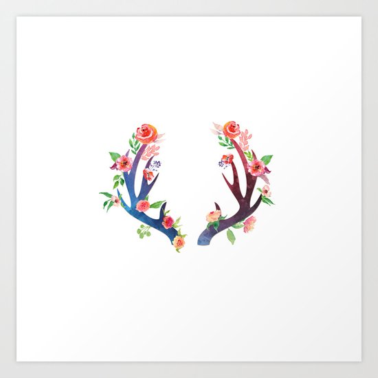 Roses and Antler - Floral flowers watercolor Illustration Art Print