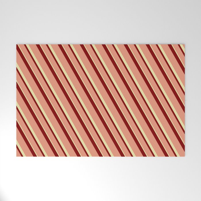 Maroon, Dark Salmon & Pale Goldenrod Colored Stripes Pattern Welcome Mat