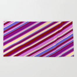 [ Thumbnail: Eyecatching Purple, Orchid, Tan, Slate Blue & Maroon Colored Lined Pattern Beach Towel ]