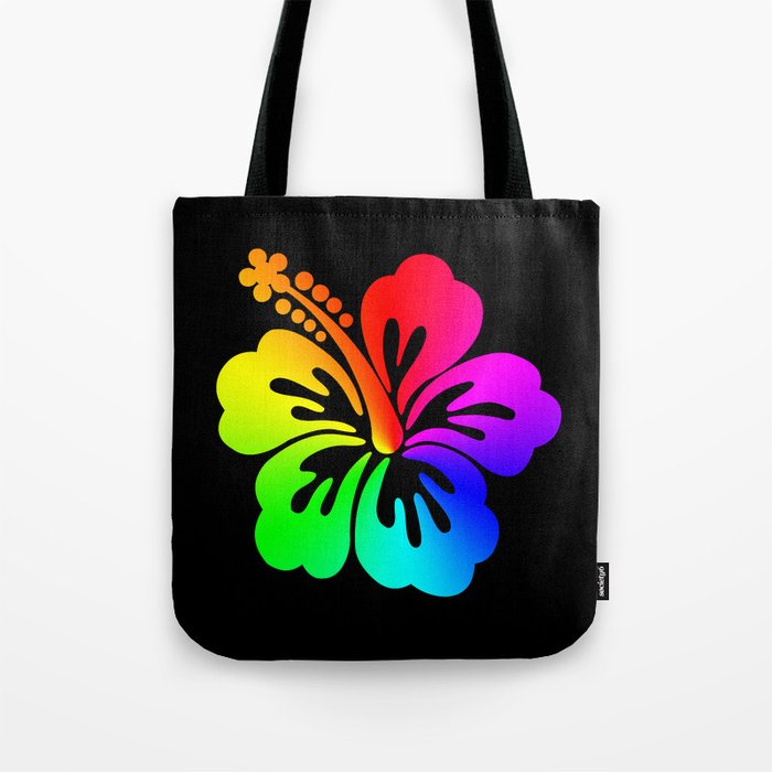 Neon Rainbow Ombre Hibiscus Black Tote Bag
