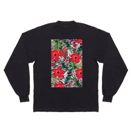 Tropical Red Pink Forest Green Palm Tree Floral Long Sleeve T-shirt