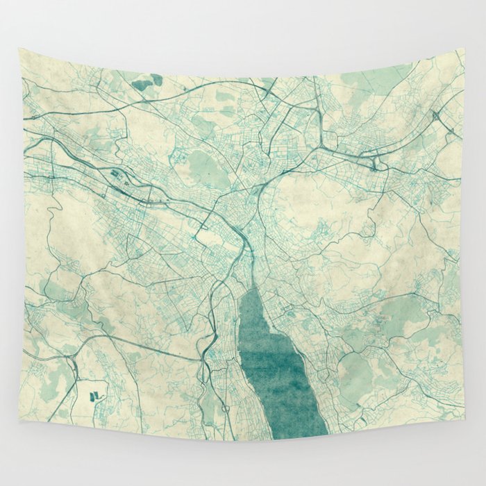 Zurich Map Blue Vintage Wall Tapestry