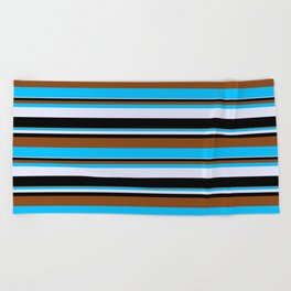 [ Thumbnail: Brown, Deep Sky Blue, Lavender, and Black Colored Pattern of Stripes Beach Towel ]